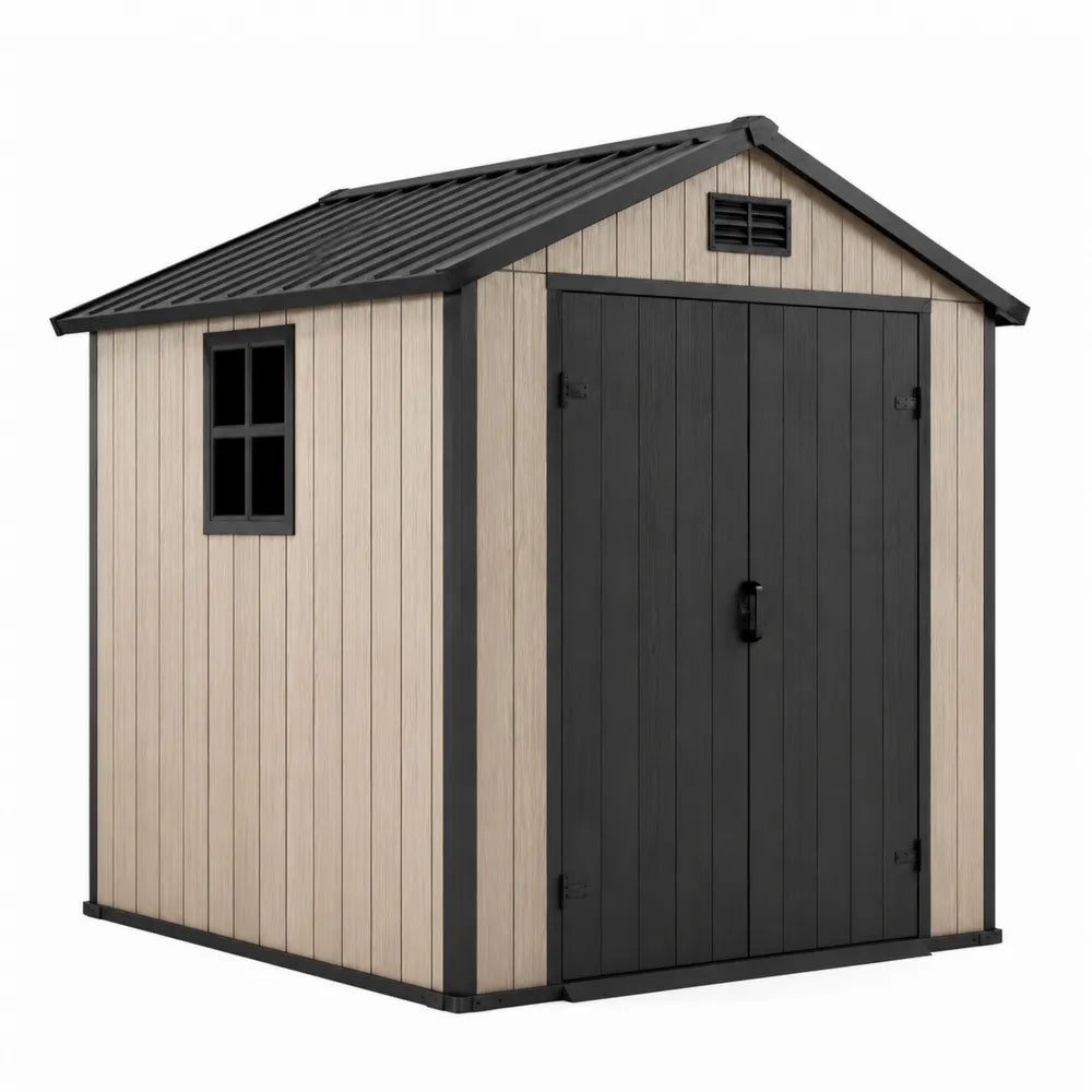 Casetta da giardino 200 x 180 x 210 cm in resina PP con struttura in acciaio tetto spiovente doppia porta e finestra laterale beige nero