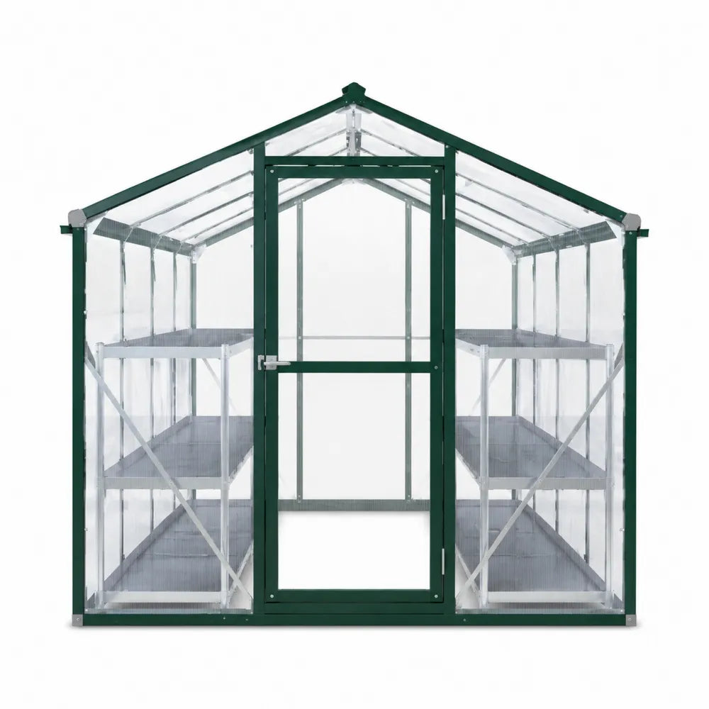 Serra da giardino in policarbonato con struttura in acciaio verniciato verde e ripiani interni 200 cm 140 cm 200 cm