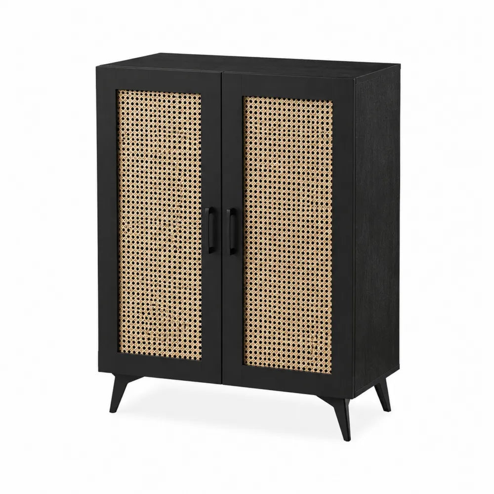 Mobile scarpiera con 2 ante in MDF e rattan sintetico struttura nera gambe in metallo circa 80 cm 35 cm 95 cm