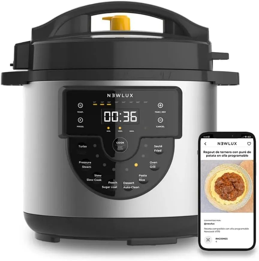 Pentola e padella, 6 L, 1000 W, 15 programmi, NEWUX- V170, 15 Funzioni e 4 Livelli di Pressione