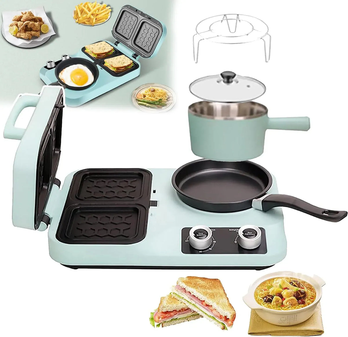 Forno elettrico, 1,3 L, 800 W, rivestimento antiaderente, verde, Stazione Per La Colazione 4 in 1, Macchina Per La Colazione Elettrica Da 800 W