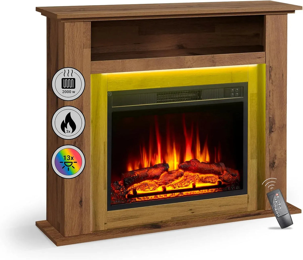 Camino elettrico BALDERIA Liora, Caminetto elettrico con vano portaoggetti, effetto fiamma 3D, riscaldamento 2000W, illuminazione d'ambiente a LED