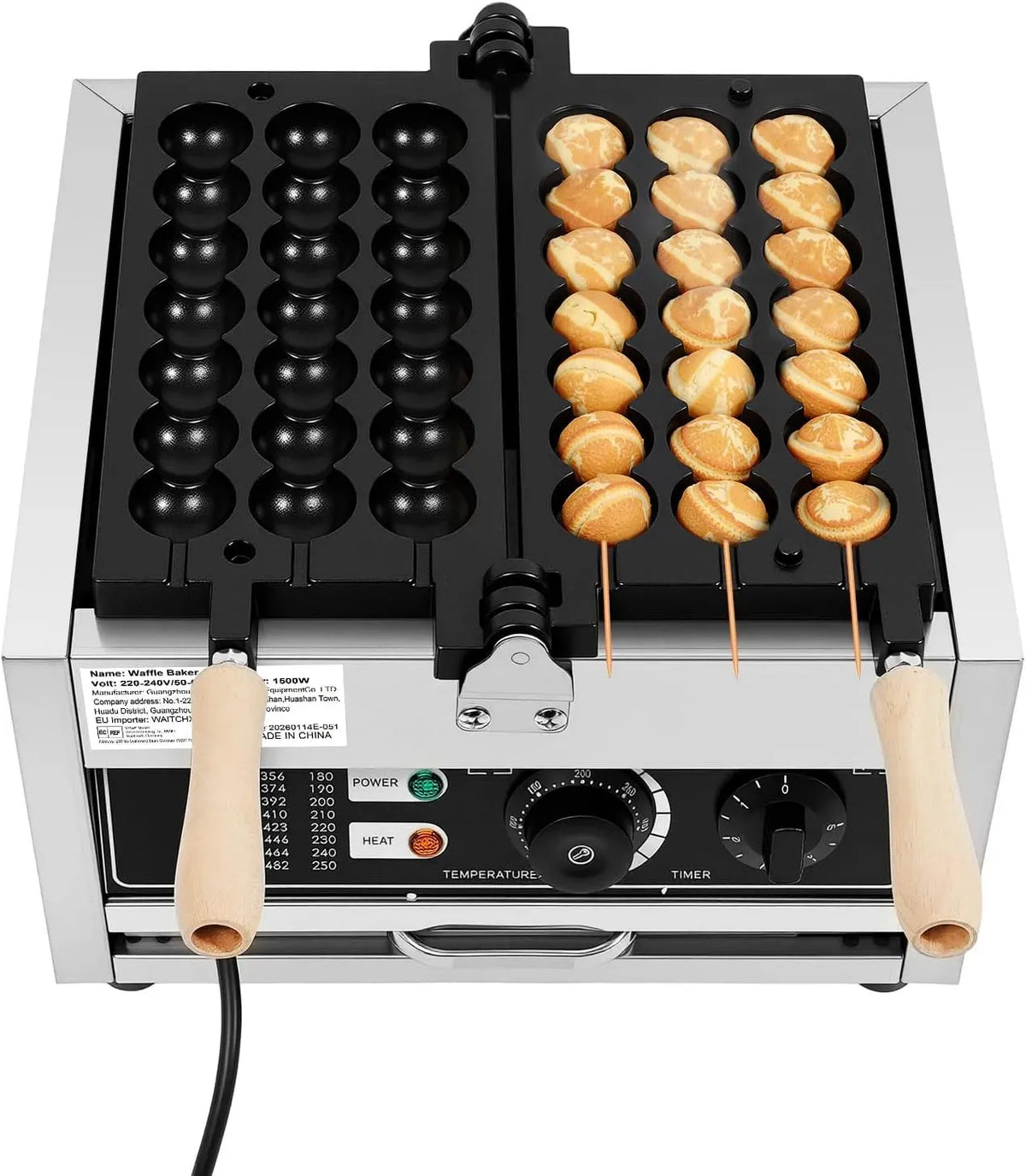 macchina per waffle, Piastra, piastra elettrica per waffle, 1500 W, timer, professionale, rivestimento antiaderente, acciaio inox