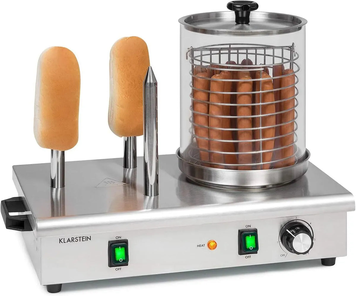 Klarstein macchina per hot, 20 cm, 600 W, 30 a 100 °C, 17 cm, professionale, acciaio inox, funzione riscaldante, argento, vetro, per hot dog