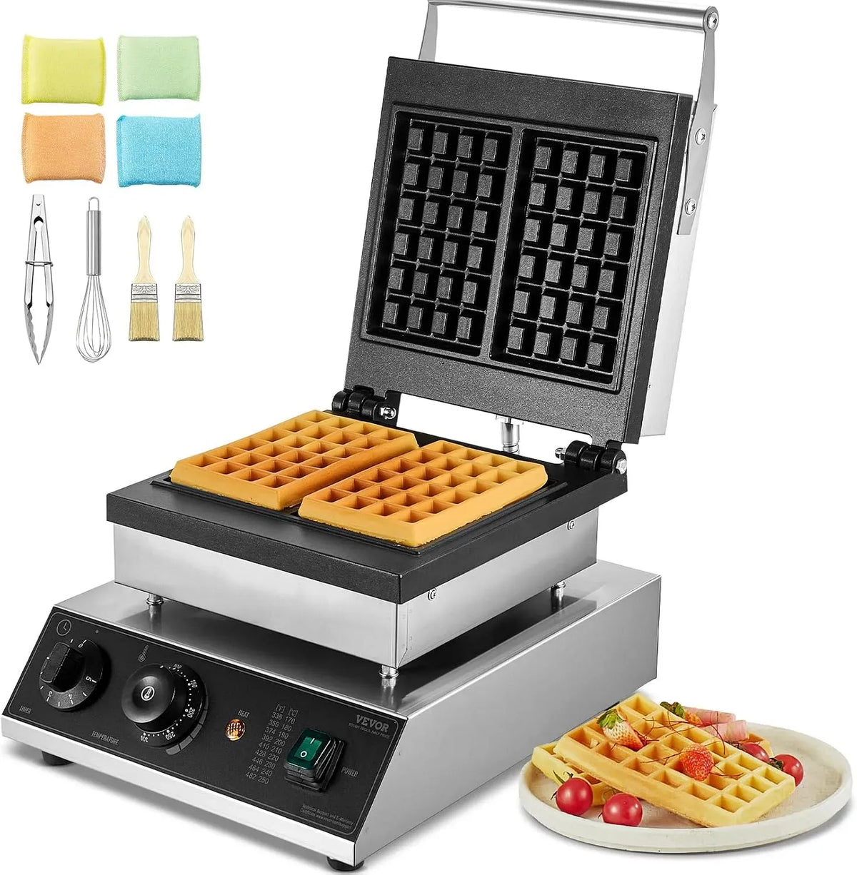 VEVOR Macchina per Waffle, piastra elettrica per waffle, 2000 W, professionale, ristoranti, rivestimento antiaderente, 2 zone di temperatura