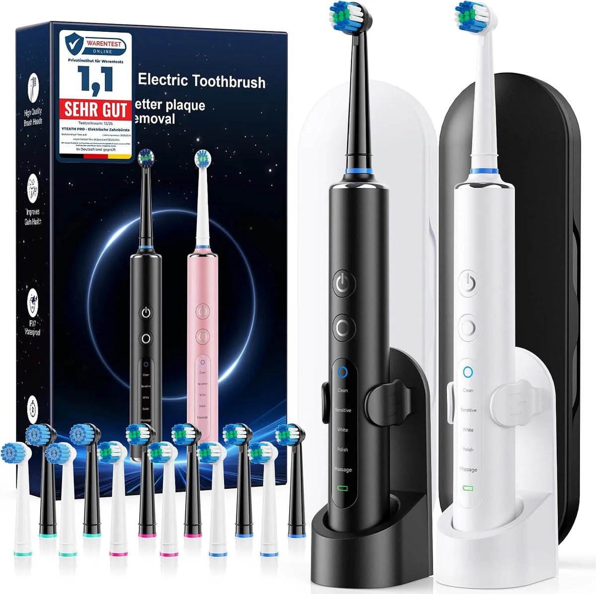 IPX7 spazzolino da denti ricaricabile, Batteria, IP65, per Adulti e Bambini 3 Intensità 5 Modalità Spazzolino E