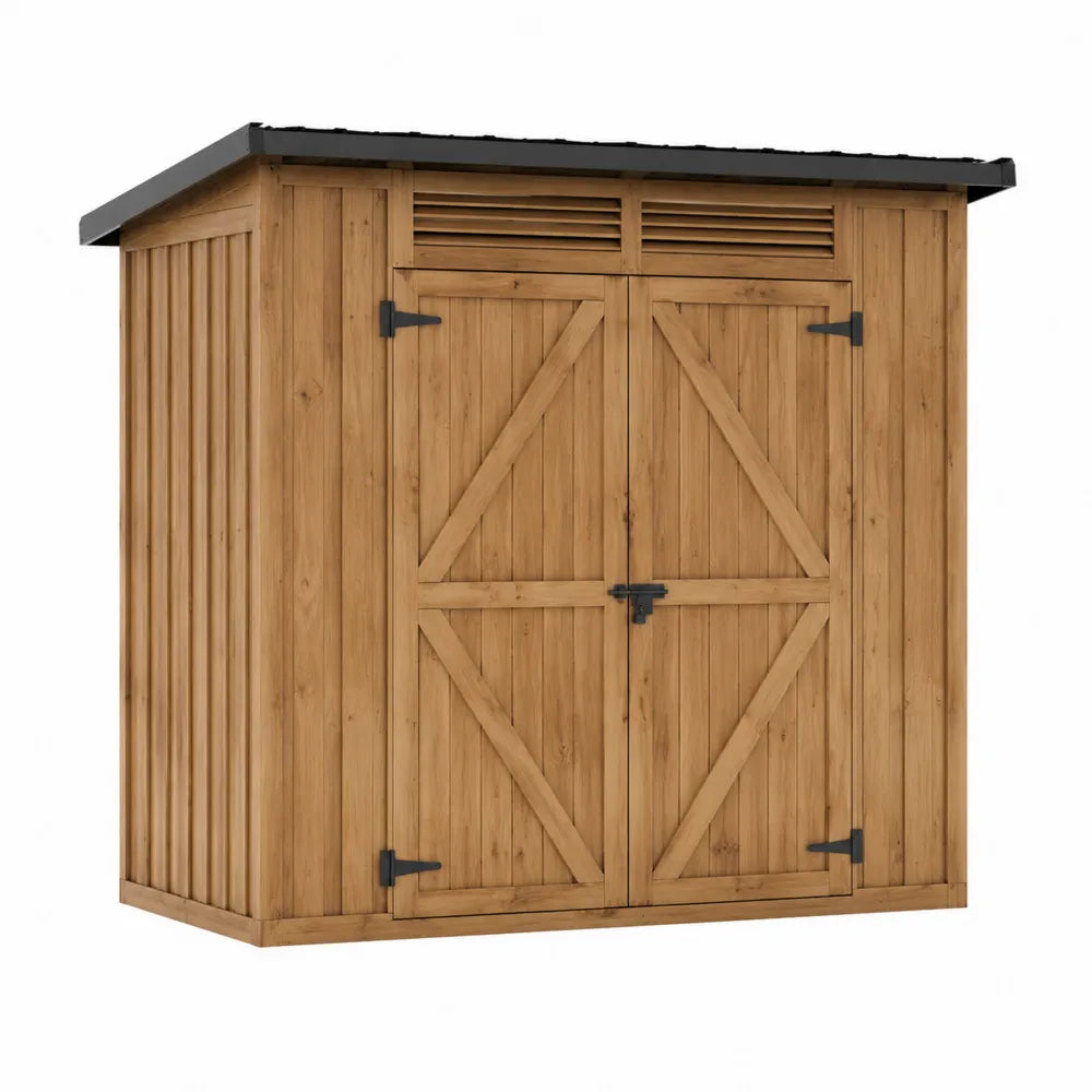 Casetta da giardino in legno con doppia porta e tetto in metallo grigio scuro dimensioni circa 200 cm 150 cm 210 cm