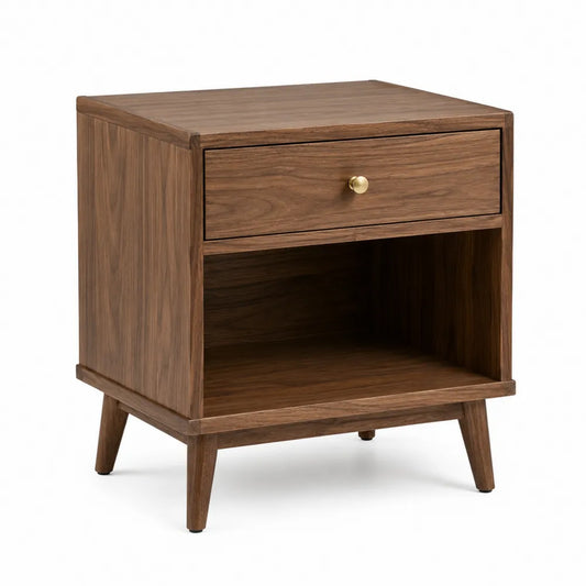 Comodino 45 cm x 40 cm x 55 cm in MDF effetto legno noce con cassetto e vano aperto struttura in legno ingegnerizzato e maniglia in metallo