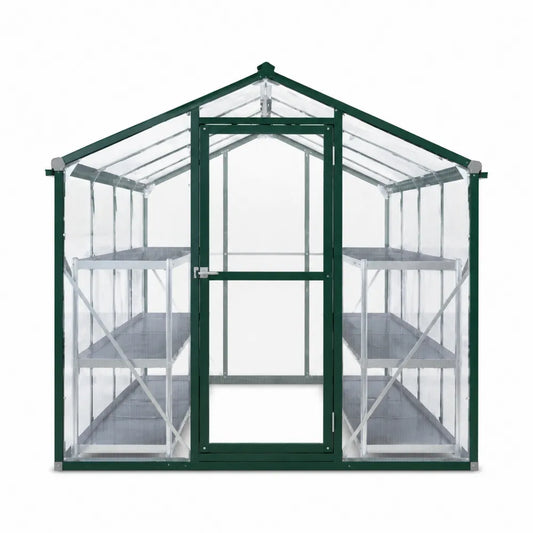 Serra da giardino in policarbonato con struttura in acciaio verniciato verde e ripiani interni 200 cm 140 cm 200 cm