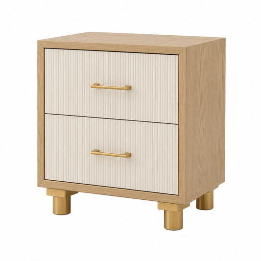 Comodino in MDF e legno 50 x 40 x 55 cm con due cassetti colore beige e legno naturale con maniglie in metallo