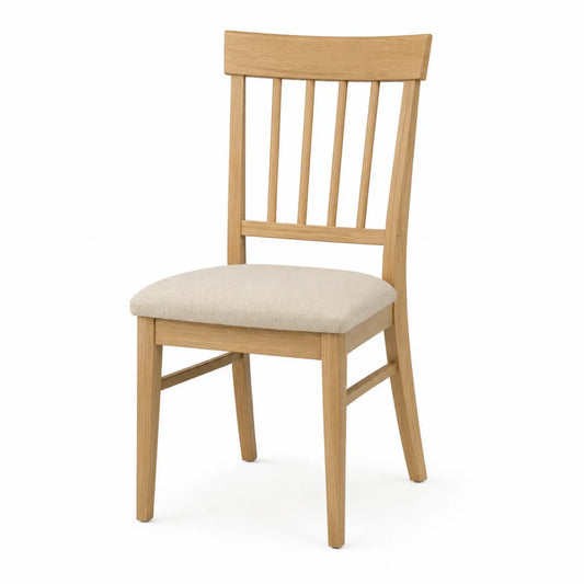 Sedia da pranzo 47 cm x 52 cm x 85 cm in legno massello di faggio colore rovere chiaro con seduta imbottita in tessuto beige schienale a doghe verticali