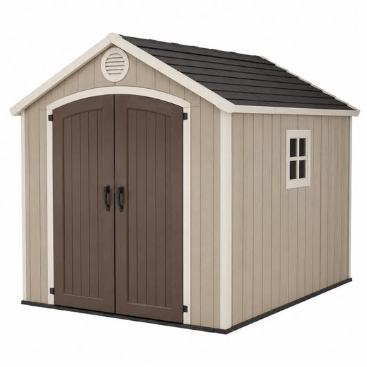Casetta da giardino 210 x 180 x 220 cm in resina PP effetto legno con struttura in acciaio e porta doppia con finestra laterale