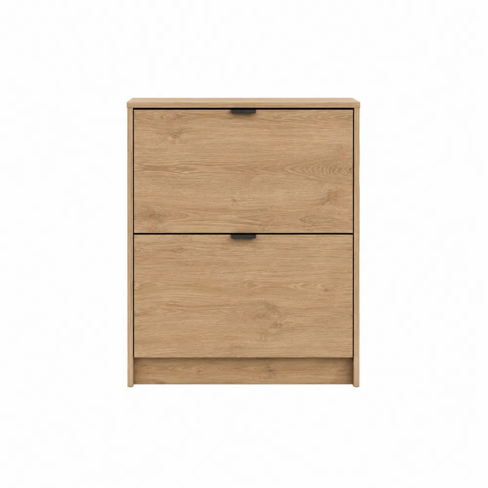 Scarpiera con 2 cassetti ribaltabili in MDF effetto rovere chiaro struttura rettangolare 60 cm x 24 cm x 80 cm colore rovere chiaro nero