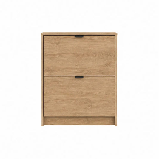 Scarpiera con 2 cassetti ribaltabili in MDF effetto rovere chiaro struttura rettangolare 60 cm x 24 cm x 80 cm colore rovere chiaro nero