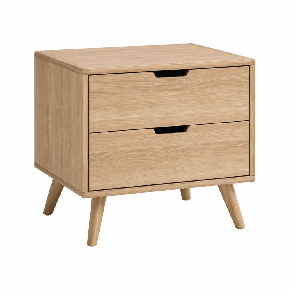 Comodino 50x40x50 cm in MDF impiallacciato rovere naturale con 2 cassetti e gambe in legno massello