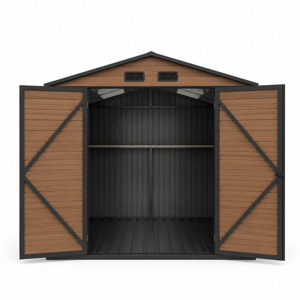 Casetta da giardino in acciaio zincato con pannelli effetto legno porte doppie ventilazione e tetto a due falde 200 cm 180 cm 210 cm marrone nero