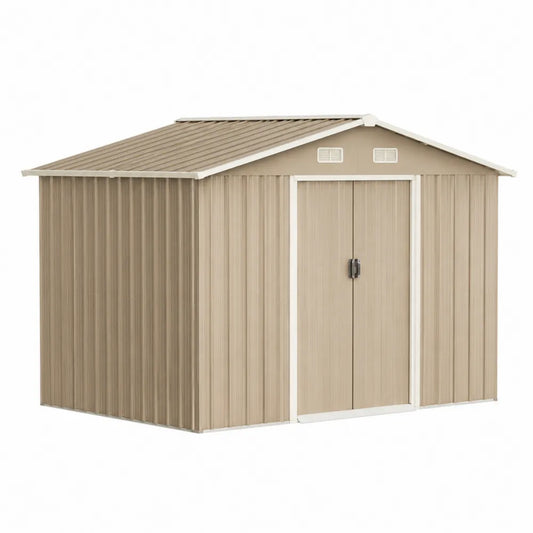 Deposito da giardino in acciaio con pannelli effetto legno porta doppia tetto a due falde colore beige dimensioni 200 cm 150 cm 210 cm