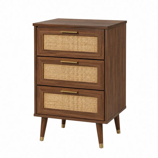 Comodino 60 cm x 40 cm x 75 cm in legno MDF effetto noce con 3 cassetti frontali in rattan e maniglie in metallo