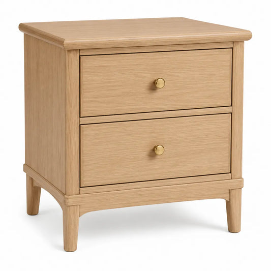 Comodino in MDF e legno effetto rovere 60 x 40 x 75 cm con 2 cassetti colore rovere naturale e dettagli oro