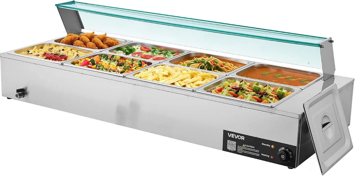 VEVOR per Ristoranti, Scaldavivande Commerciale, Scaldavivande Elettrico in Acciaio Inox da 1700 W con Coperchio in Vetro, Bagnomaria da Banco a 8