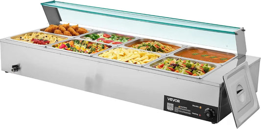 VEVOR per Ristoranti, Scaldavivande Commerciale, Scaldavivande Elettrico in Acciaio Inox da 1700 W con Coperchio in Vetro, Bagnomaria da Banco a 8