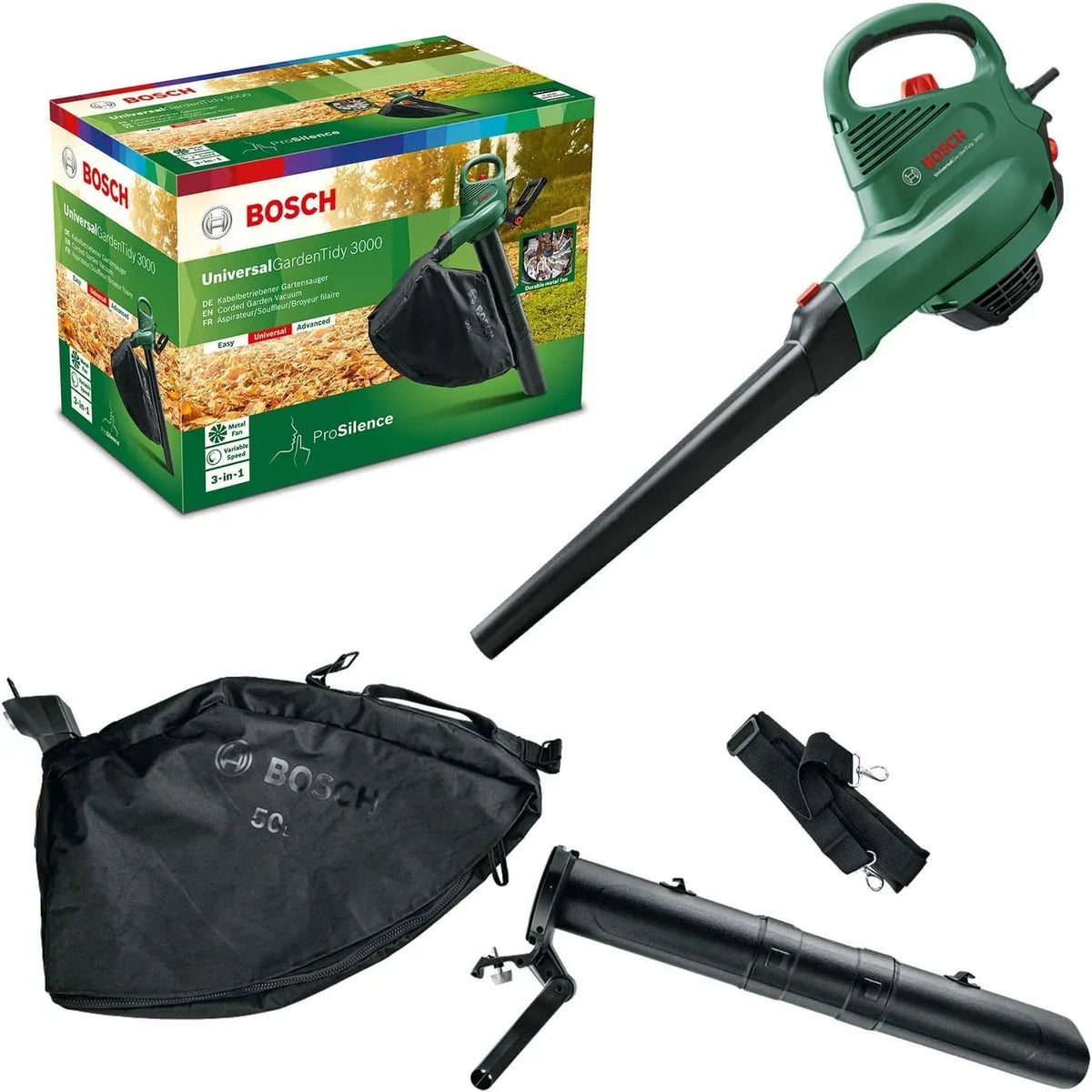 Bosch per soffiare, Home and Garden, Soffiatore elettrico per foglie e aspiratori universalGardenTidy 3000, 3000 W, sacchetto di raccolta 50 l