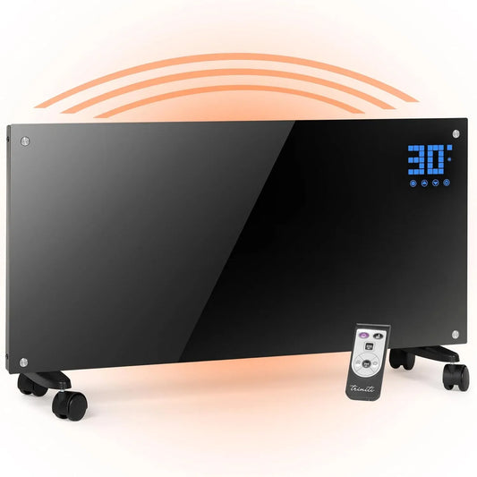 Stufa Elettrica Basso Consumo Termostato, Potenza Regolabile, Elegante VETRO TEMPERATO, Display LED, Ruote + Montaggio a Parete NERO, Timer