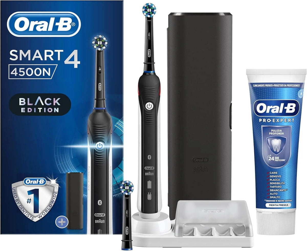 2 Testine, Oral-B Spazzolino Elettrico Ricaricabile Smart 4 4500 Nero, 1 Custodia da viaggio, 1 Spazzolino +1 Dentifricio Pro-Expert Pulizia Profonda