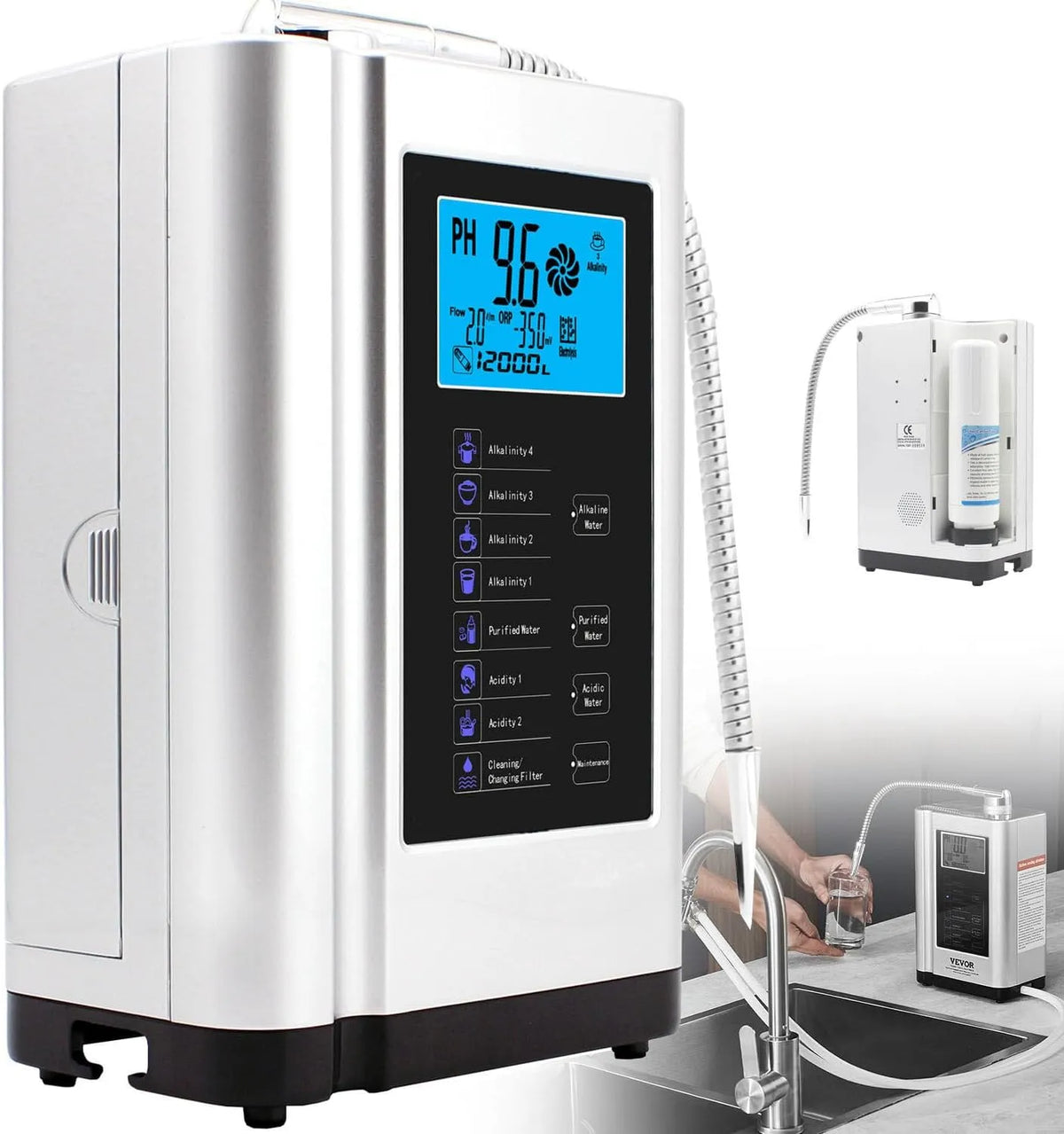 PH3.5-10.5 Generatore, Filtro, 8000 L, display LCD, bianco, per Acqua Potabile acida alcalina Domestica, Ionizzatore, 3,8 Pollici